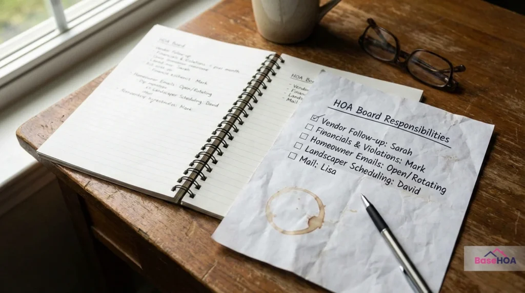 HOA board responsibilities checklist on a desk with coffee stain, assigning tasks like vendor follow-up, financials, and homeowner emails to specific people.