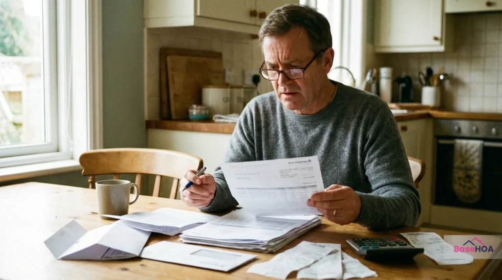 HOA treasurer or board member reviewing financial statements, invoices, and payment envelopes to ensure consistency and visibility in community finances.