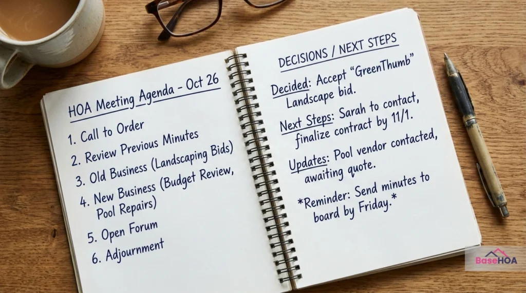 A realistic top-down view of an open spiral notebook on a wooden table showing a handwritten HOA meeting agenda and documented decisions regarding landscaping and budget.