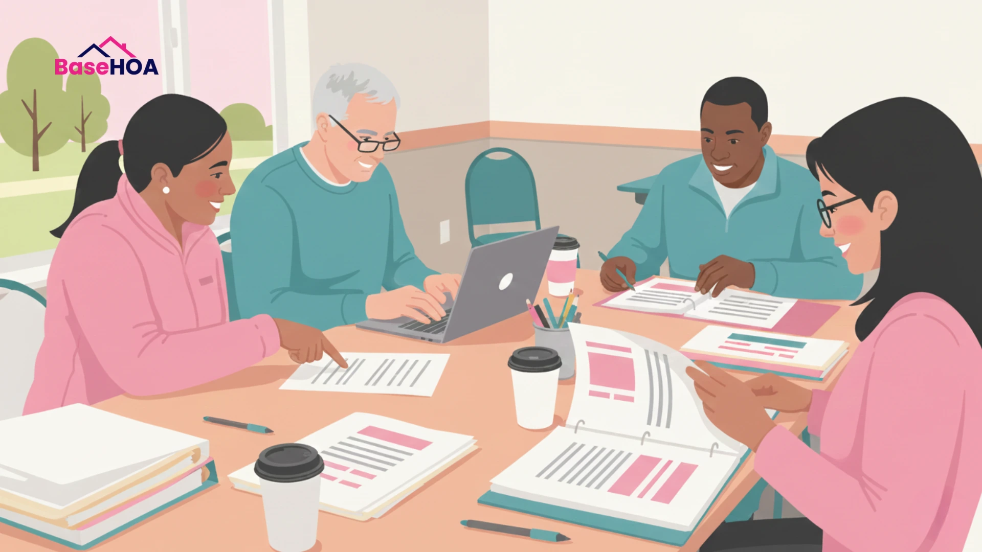 Volunteer HOA board reviewing documents for a self-managed HOA