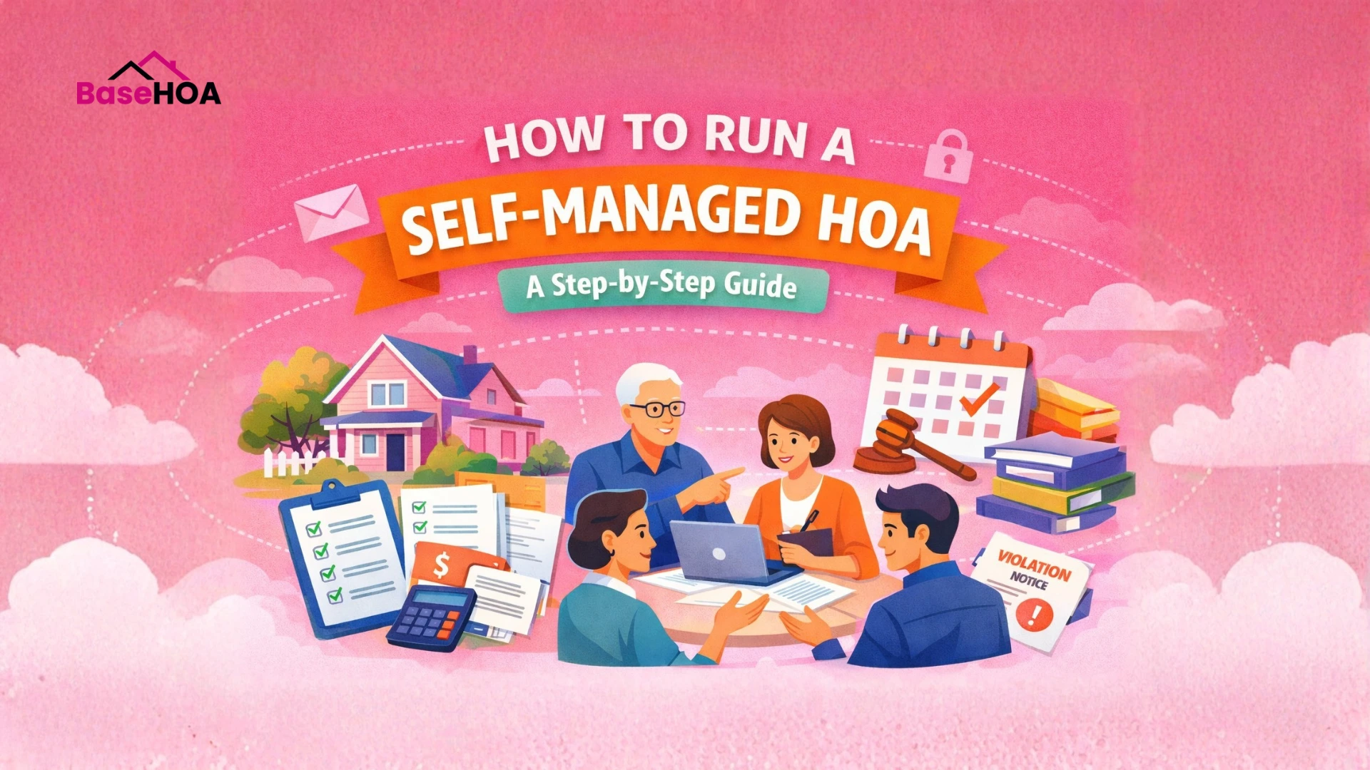 Illustration showing a self-managed HOA board organizing tasks, finances, meetings, and records using a clear step-by-step system.